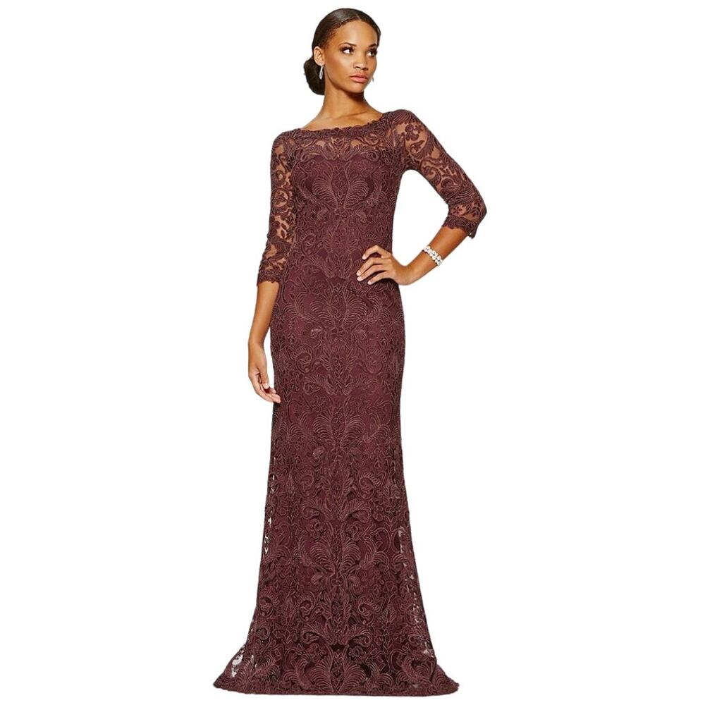 TADASHI SHOJI Corded Embroidery Formal Gown 10 Burgundy 3/4 Sleeve Maxi Dress